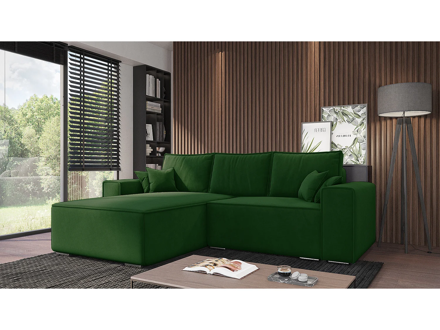 Emporius Lora links Hoekbank 250 cm, sofa met slaapfunctie en bedlade, woonkamerbank, 3-zitsbank groen (Amor Velvet 4311)