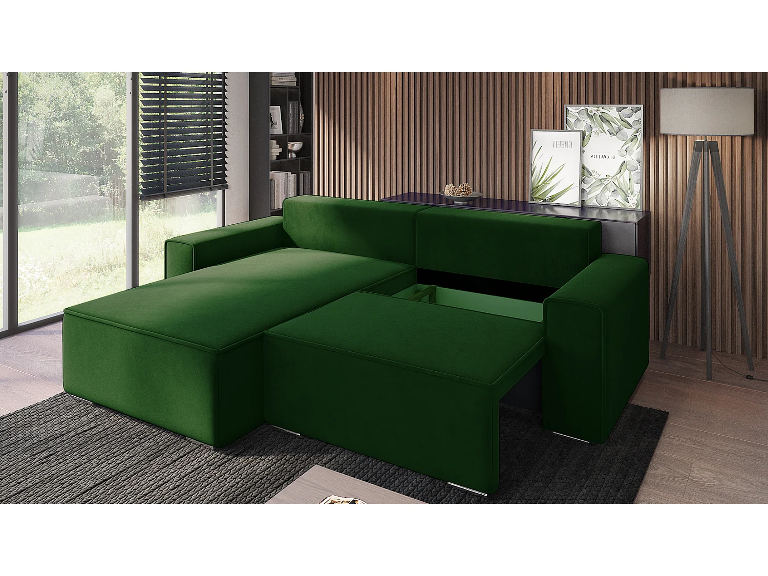 Emporius Lora links Hoekbank 250 cm, sofa met slaapfunctie en bedlade, woonkamerbank, 3-zitsbank groen (Amor Velvet 4311)