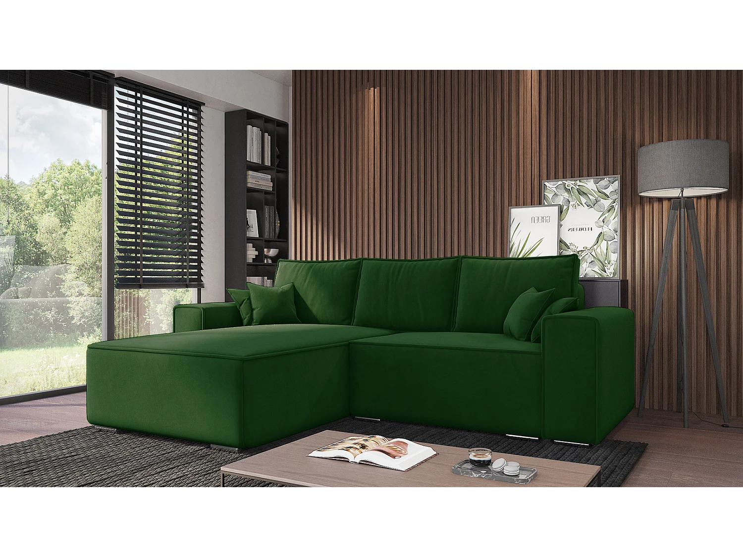 Emporius Lora Links Ecksofa mit Schlaffunktion, Sofa L-Form, Bettkasten, Samtstoff, Ecksofa 250 cm Grün (Amor Velvet 4311)