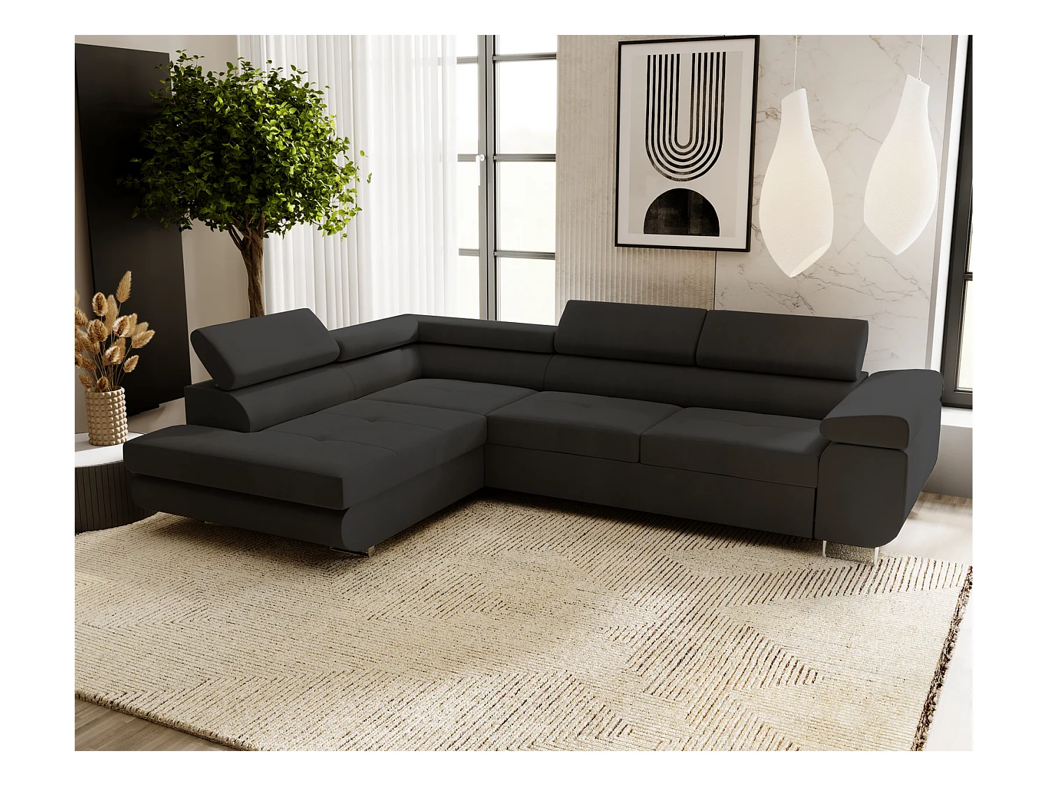 Emporius Sorlo Gauche Canapé d'angle avec Coffre de Rangement, têtières réglables - Canapé d'angle Convertible Noir (Amor Velvet 4322)