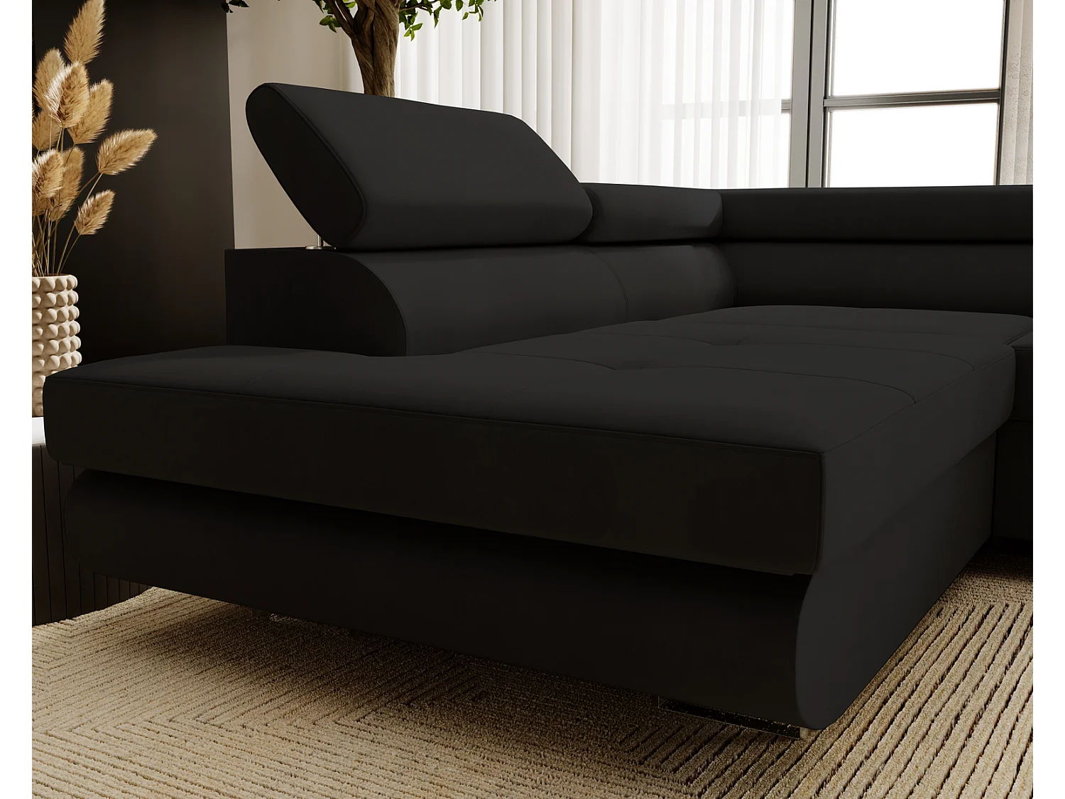 Emporius Sorlo links Hoekbank met slaapfunctie, sofa met bedlade - gestoffeerde bank zwart (Amor Velvet 4322)