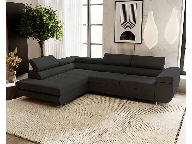 Emporius Sorlo Links Ecksofa mit Schlaffunktion - Eckcouch mit Bettkasten, Sofa L-Form Schwarz (Amor Velvet 4322)