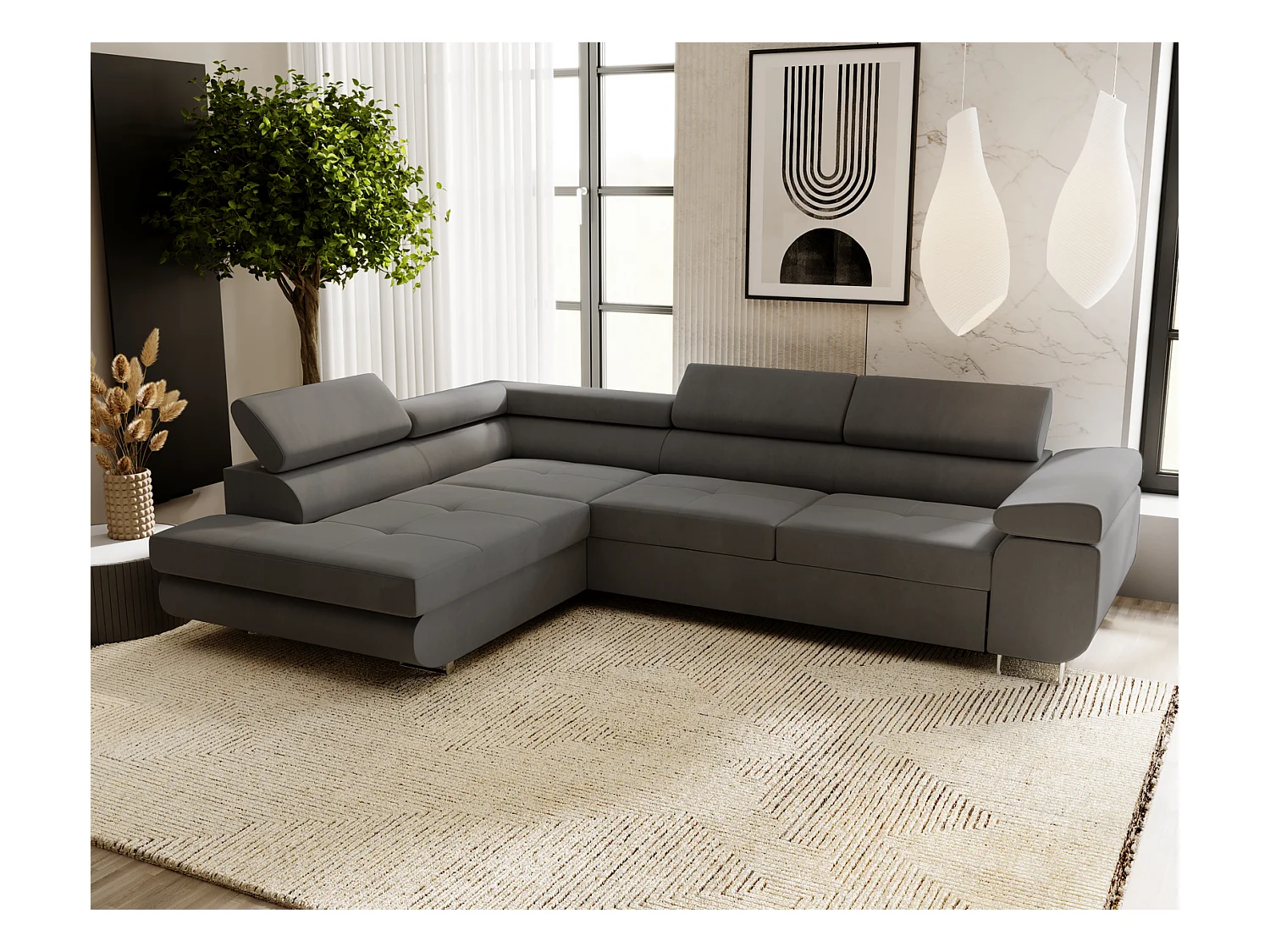 Emporius Sorlo Gauche Canapé d'angle avec Coffre de Rangement, têtières réglables - Canapé d'angle Convertible Gris foncé (Amor Velvet 4321)