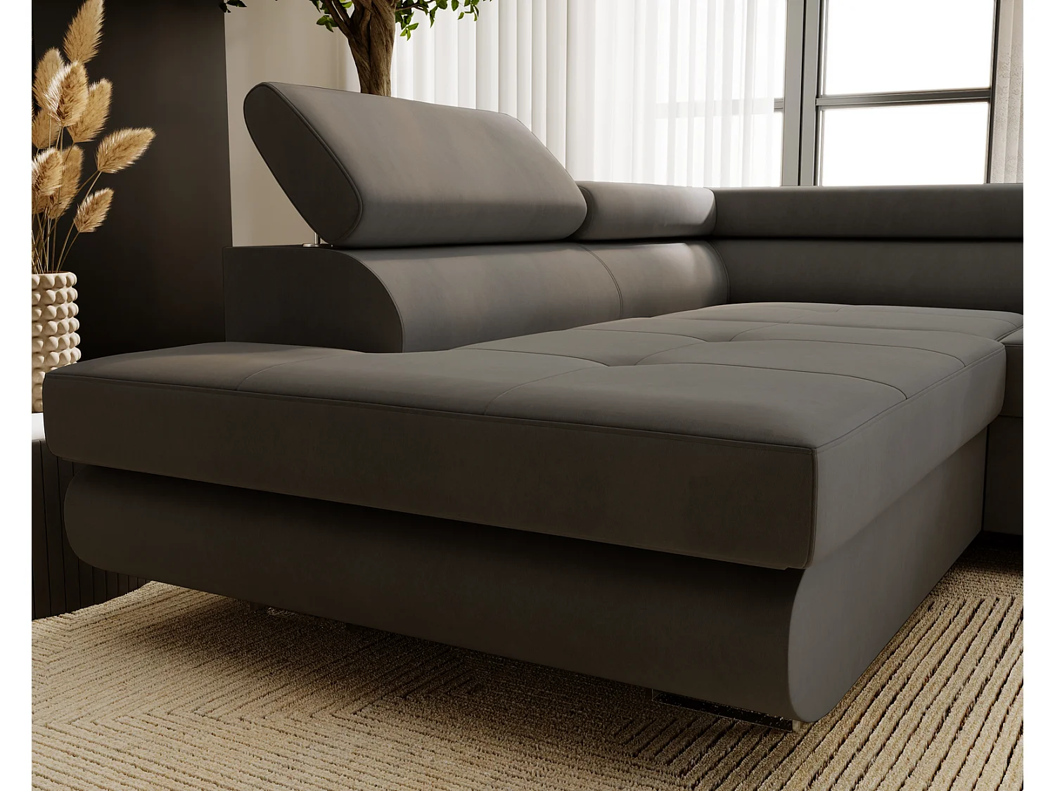 Emporius Sorlo Gauche Canapé d'angle avec Coffre de Rangement, têtières réglables - Canapé d'angle Convertible Gris foncé (Amor Velvet 4321)