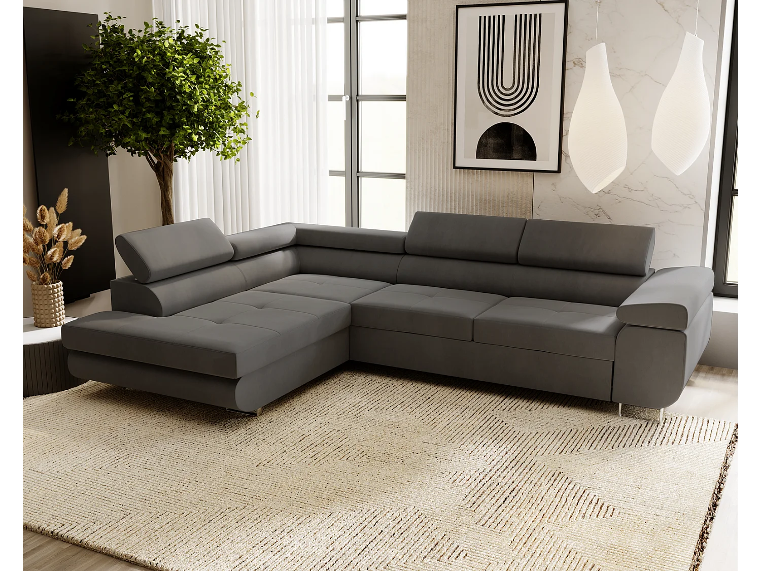 Emporius Sorlo Gauche Canapé d'angle avec Coffre de Rangement, têtières réglables - Canapé d'angle Convertible Gris foncé (Amor Velvet 4321)