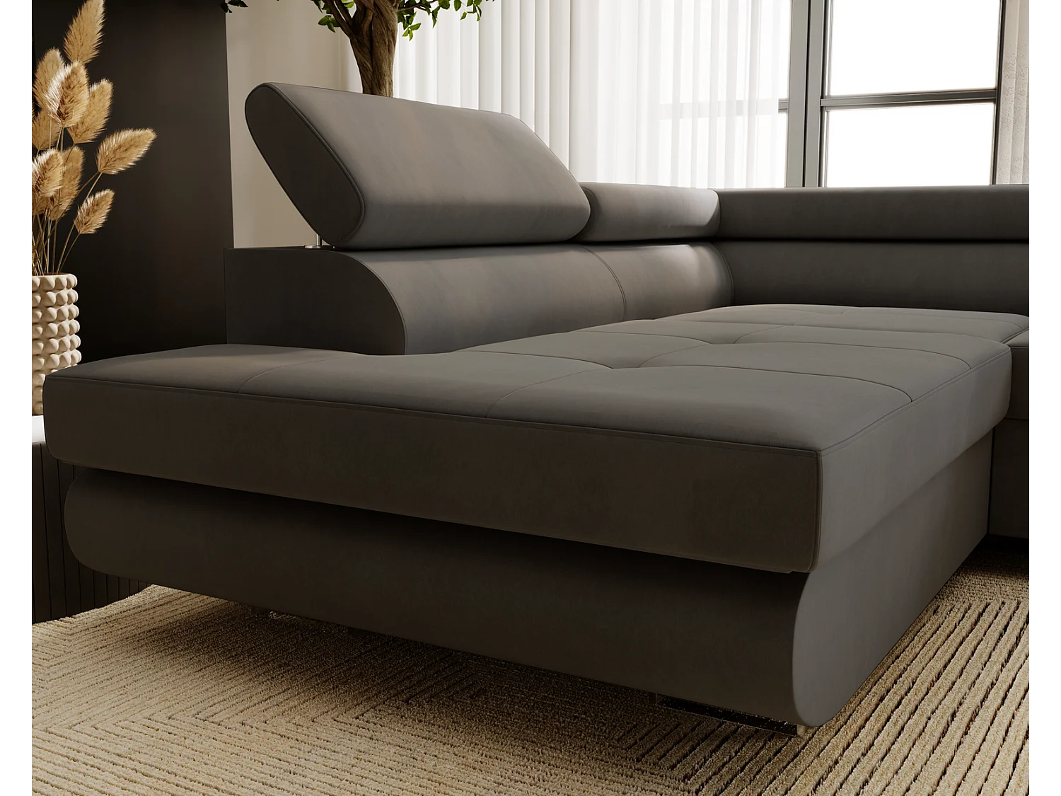 Emporius Sorlo Gauche Canapé d'angle avec Coffre de Rangement, têtières réglables - Canapé d'angle Convertible Gris foncé (Amor Velvet 4321)