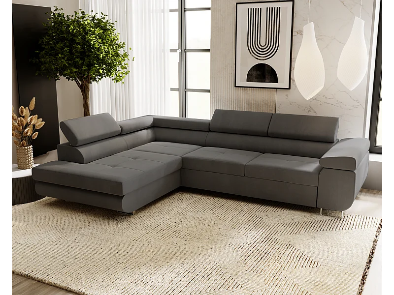Emporius Sorlo Gauche Canapé d'angle avec Coffre de Rangement, têtières réglables - Canapé d'angle Convertible Gris foncé (Amor Velvet 4321)