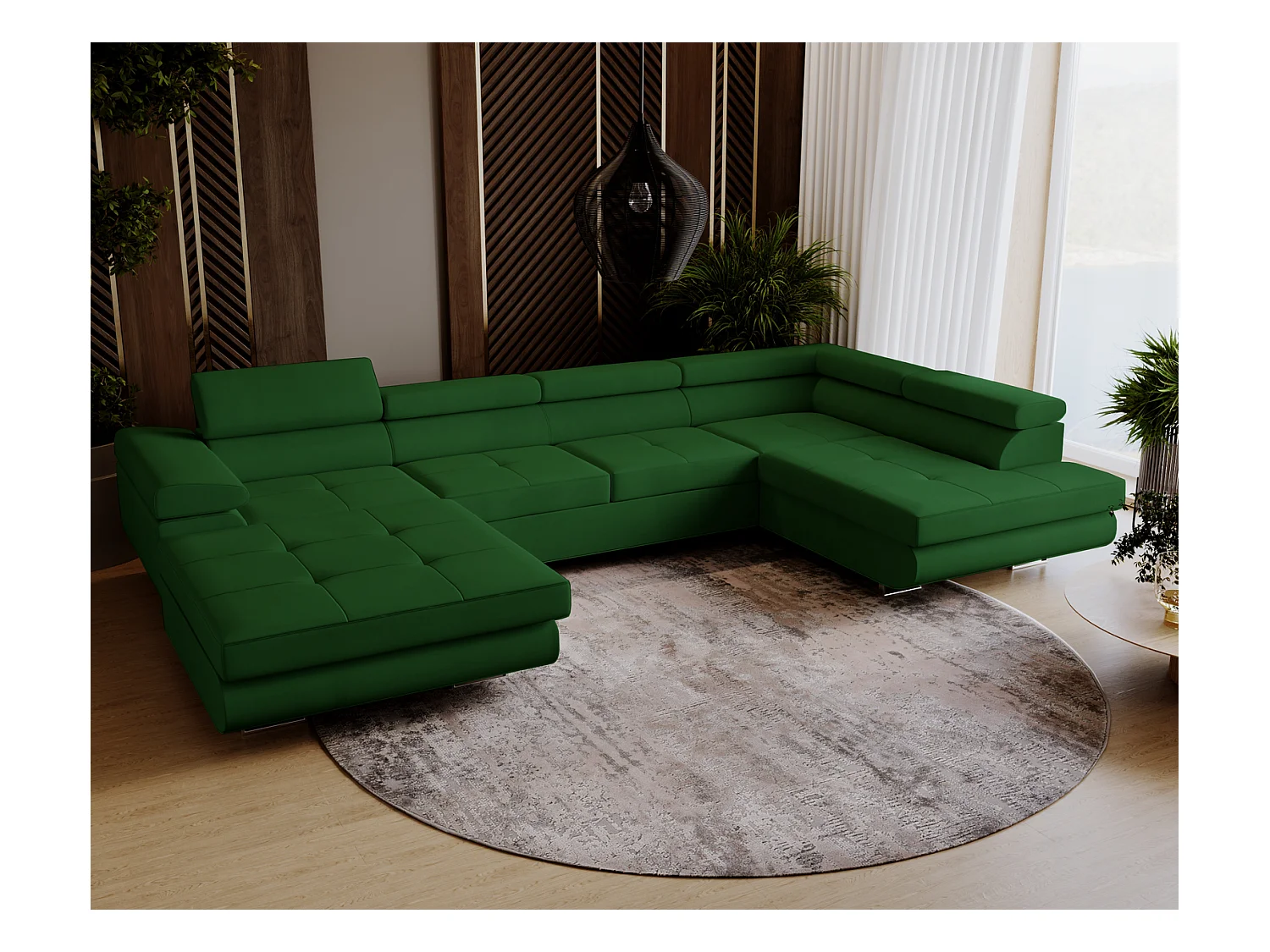 Emporius Sorlo U Droit Canapé d'angle Convertible, Canapé avec Coffre de Rangement, têtières réglables - Canapé d'angle U Vert (Amor Velvet 4311)