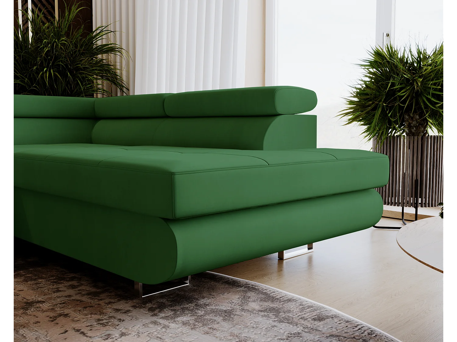 Emporius Sorlo U duży narożnik do salonu - funkcja spania, pojemnik, regulowane zagłówki - prawostronny, tkanina aksamitna, zielony (Amor Velvet 4311)