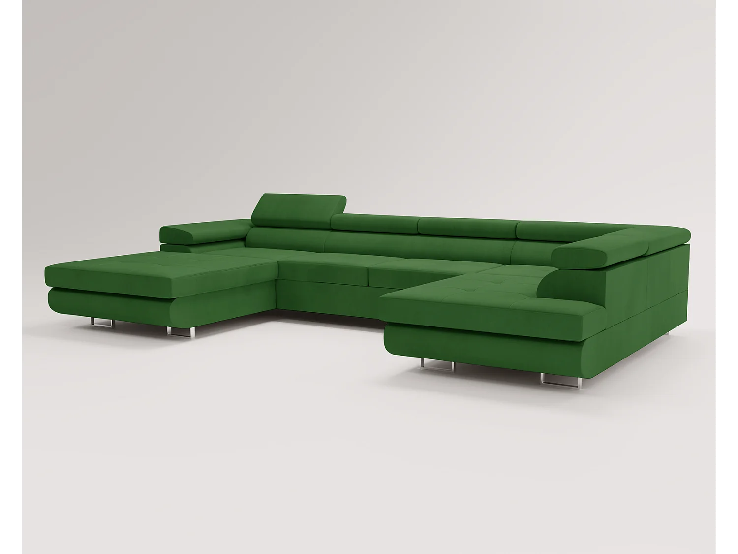 Emporius Sorlo U duży narożnik do salonu - funkcja spania, pojemnik, regulowane zagłówki - prawostronny, tkanina aksamitna, zielony (Amor Velvet 4311)