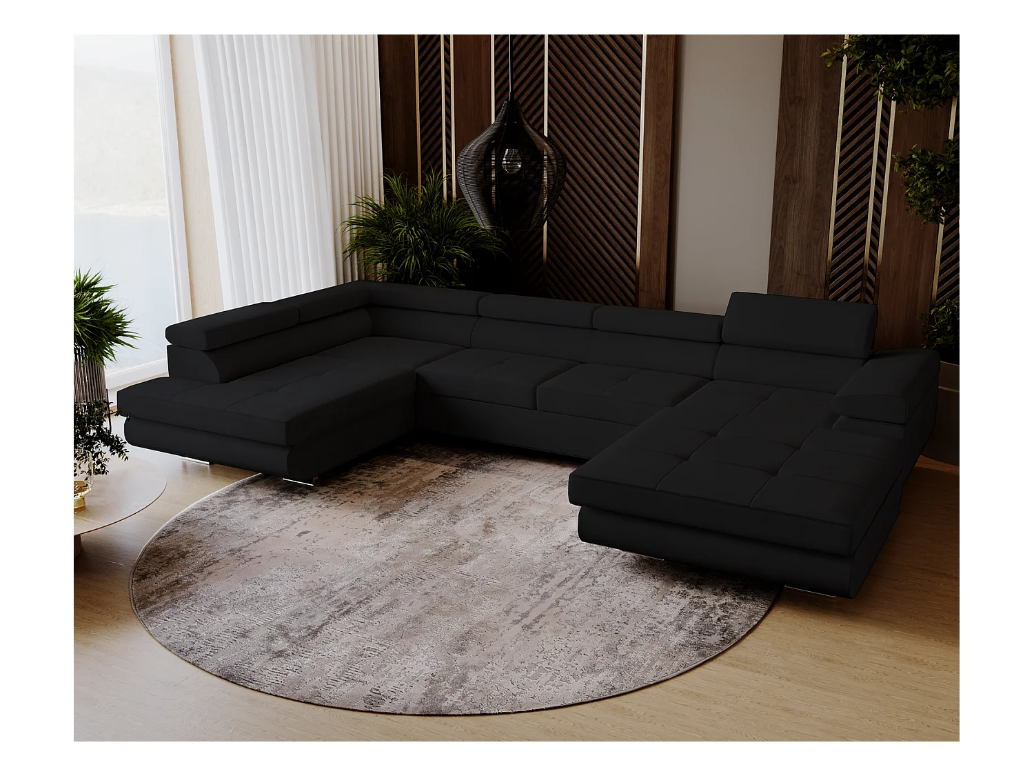 Emporius Sorlo U Gauche Canapé d'angle Convertible, Canapé avec Coffre de Rangement, têtières réglables - Canapé d'angle U Noir (Amor Velvet 4322)