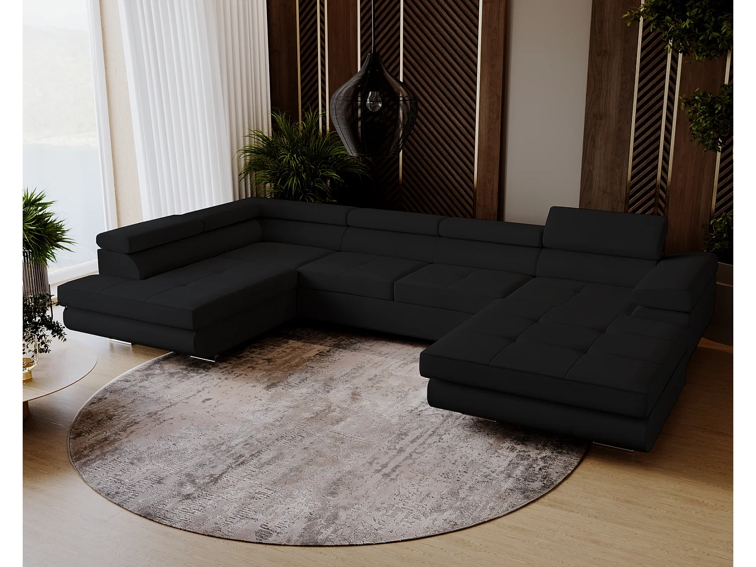 Emporius Sorlo U Links Ecksofa U-Form, Eckcouch mit Schlaffunktion, Bettkasten - Schwarz (Amor Velvet 4322)