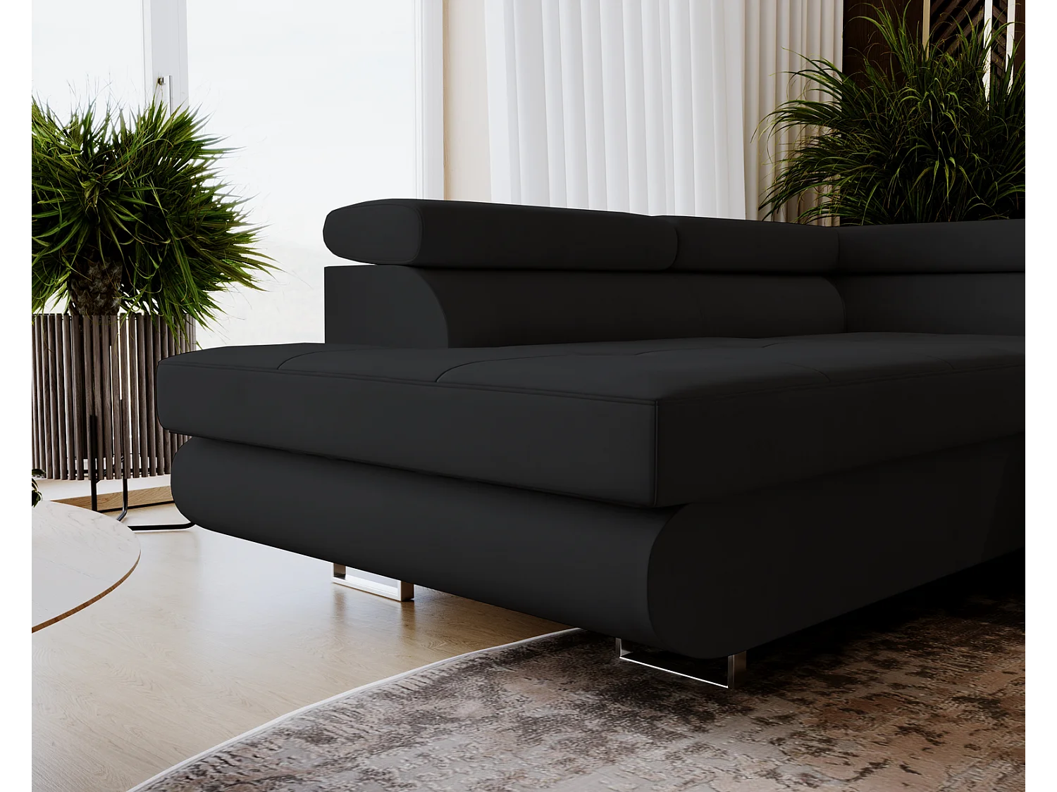 Emporius Sorlo U Links Ecksofa U-Form, Eckcouch mit Schlaffunktion, Bettkasten - Schwarz (Amor Velvet 4322)