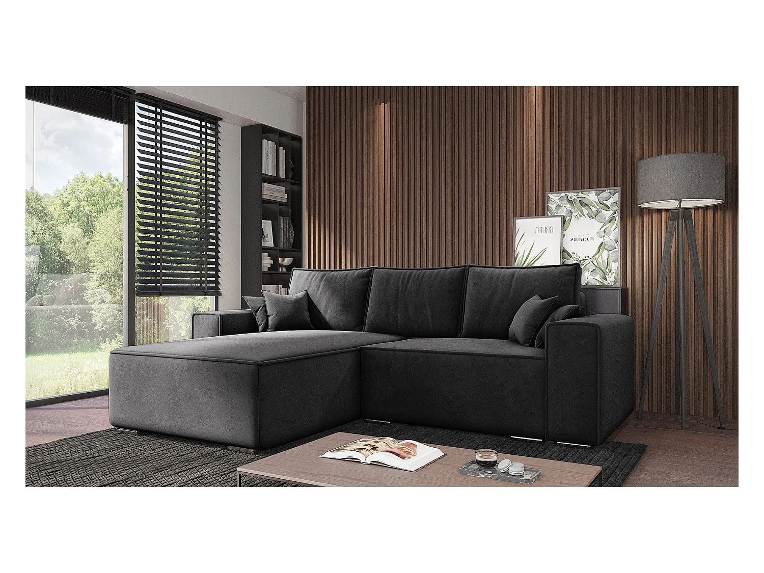 Emporius Lora Gauche Canapé d'angle avec Coffre de Rangement - Canapé d'angle Convertible Noir (Amor Velvet 4322)
