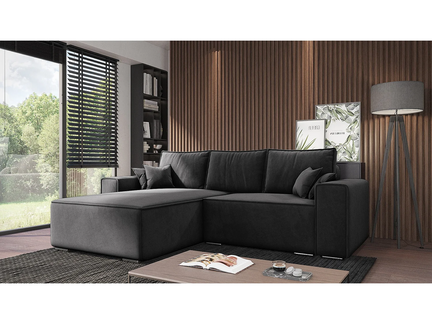 Emporius Lora links Hoekbank 250 cm, sofa met slaapfunctie en bedlade, woonkamerbank, 3-zitsbank zwart (Amor Velvet 4322)