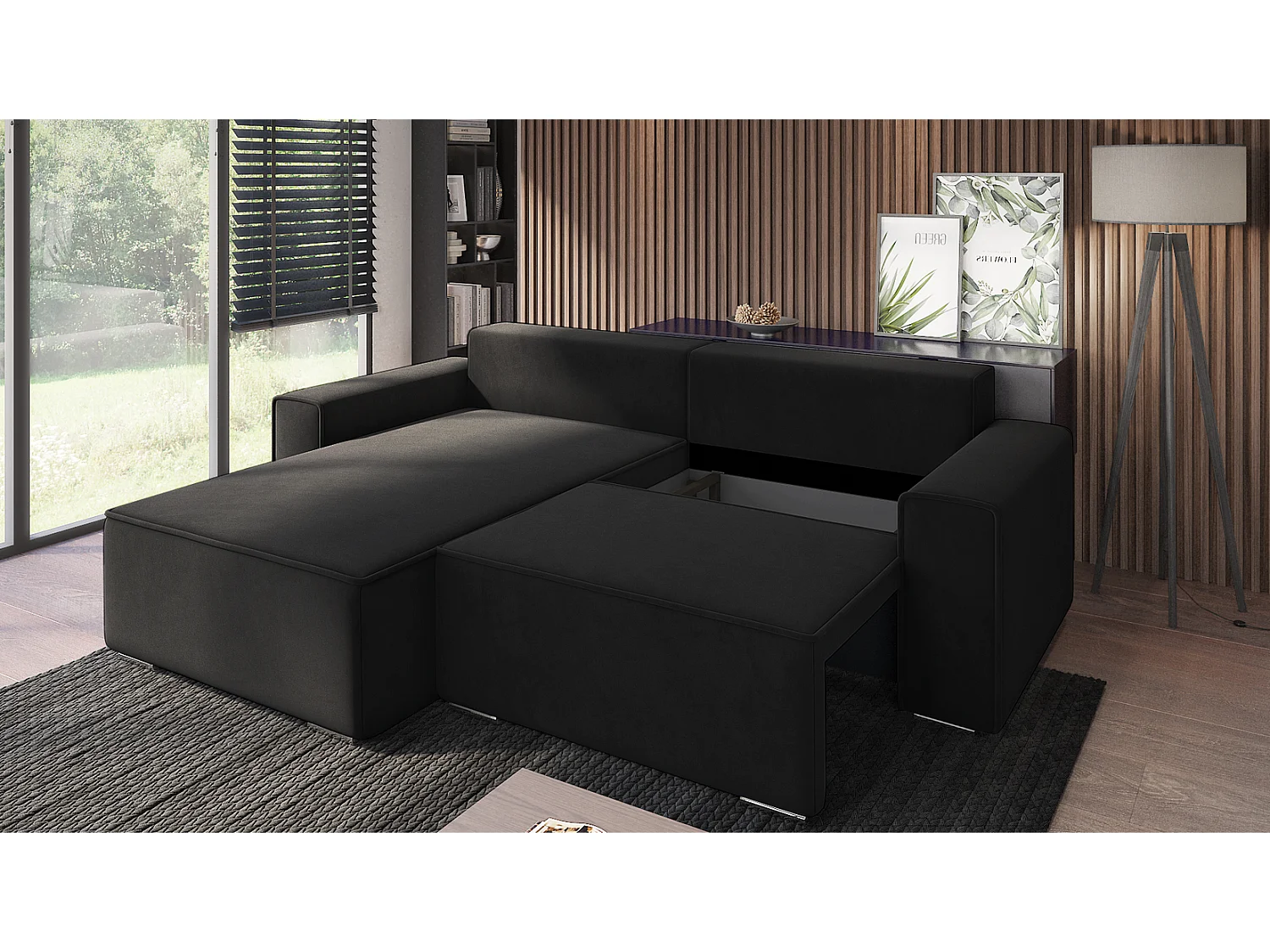 Emporius Lora links Hoekbank 250 cm, sofa met slaapfunctie en bedlade, woonkamerbank, 3-zitsbank zwart (Amor Velvet 4322)