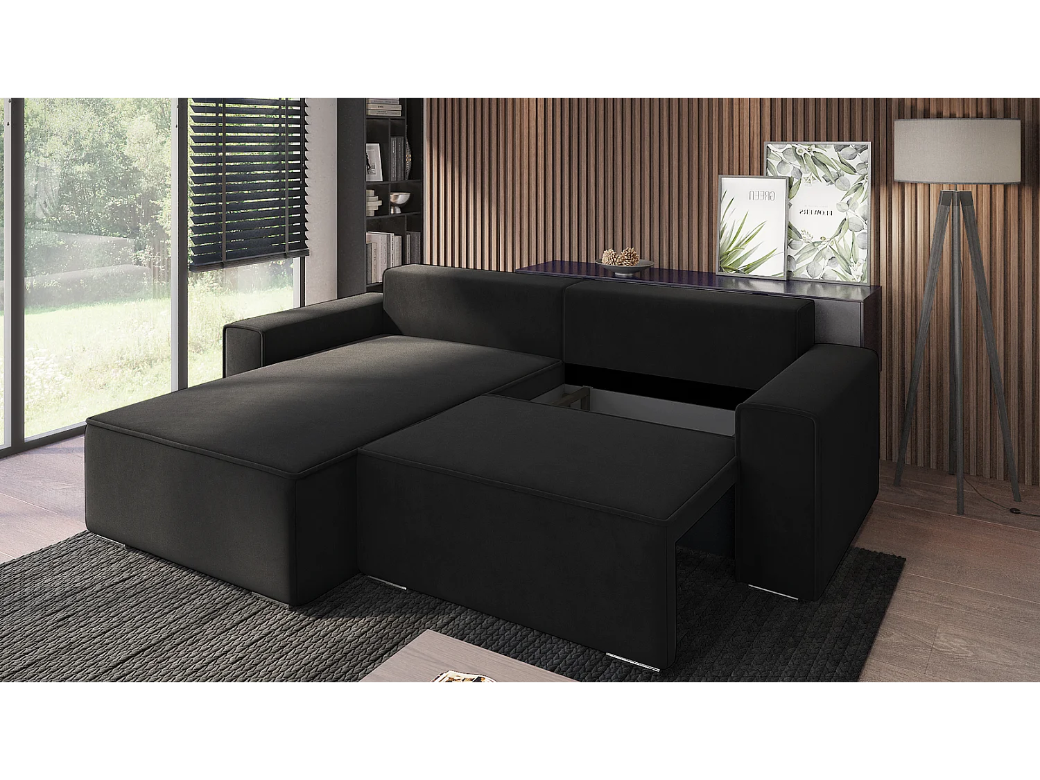 Emporius Lora Links Ecksofa mit Schlaffunktion, Sofa L-Form, Bettkasten, Samtstoff, Ecksofa 250 cm Schwarz (Amor Velvet 4322)