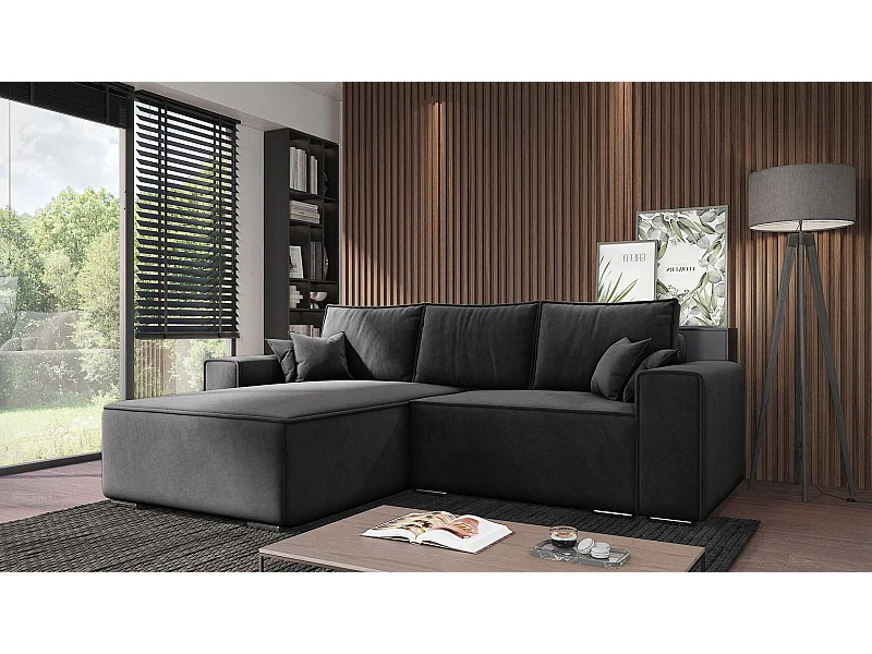 Emporius Lora Links Ecksofa mit Schlaffunktion, Sofa L-Form, Bettkasten, Samtstoff, Ecksofa 250 cm Schwarz (Amor Velvet 4322)