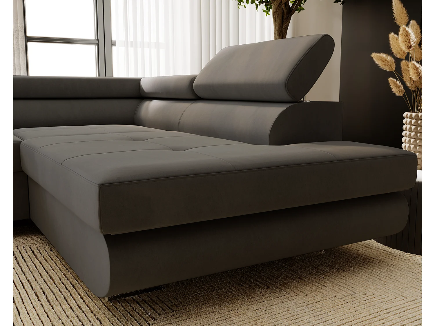 Emporius Sorlo rechts Hoekbank met slaapfunctie, sofa met bedlade - gestoffeerde bank donkergrijs (Amor Velvet 4321)