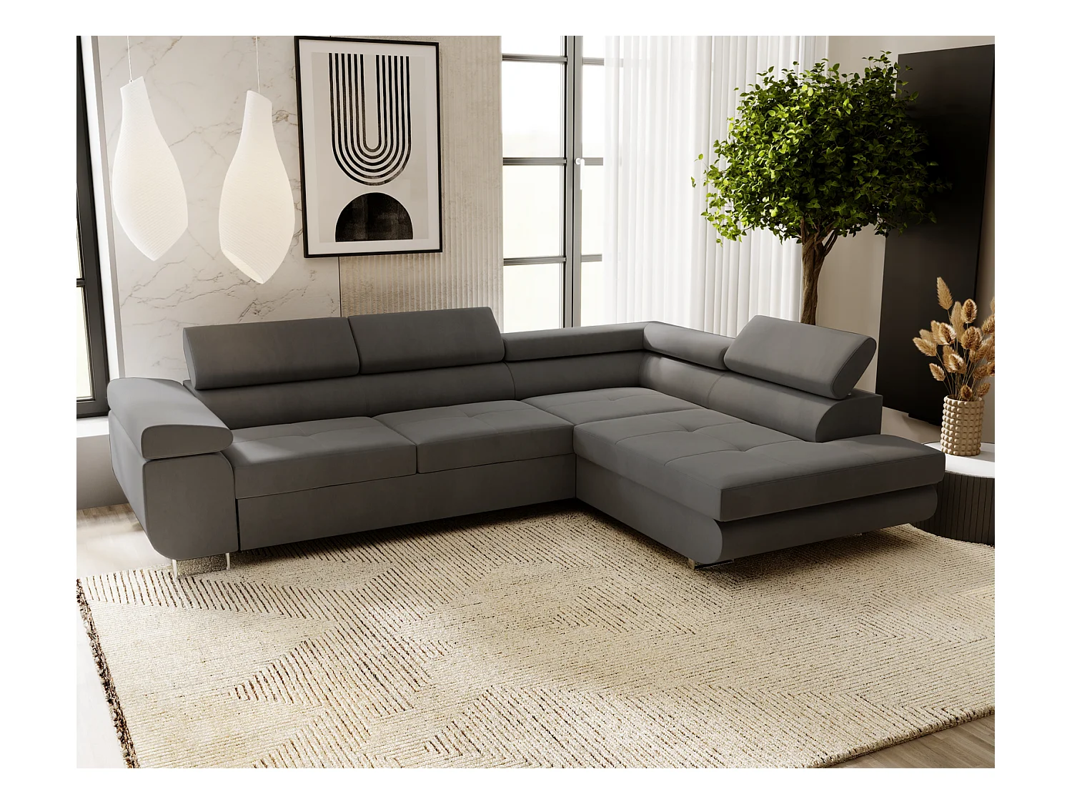 Emporius Sorlo Droit Canapé d'angle avec Coffre de Rangement, têtières réglables - Canapé d'angle Convertible Gris foncé (Amor Velvet 4321)