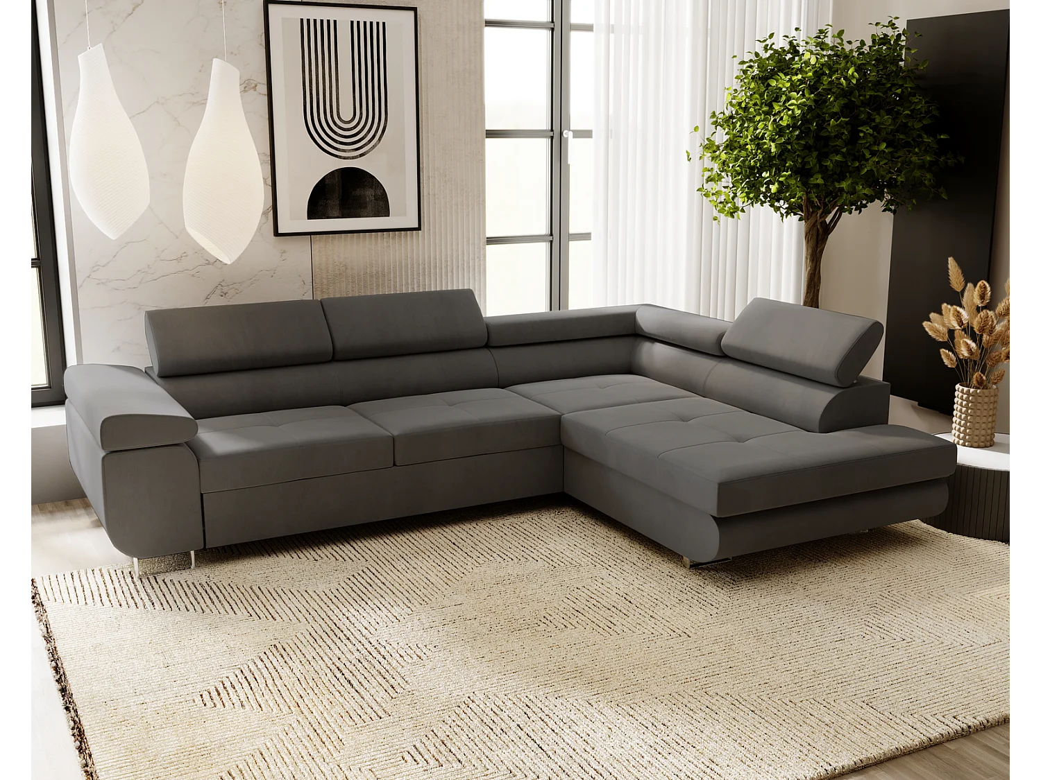 Emporius Sorlo Rechts Ecksofa mit Schlaffunktion - Eckcouch mit Bettkasten, Sofa L-Form Dunkelgrau (Amor Velvet 4321)