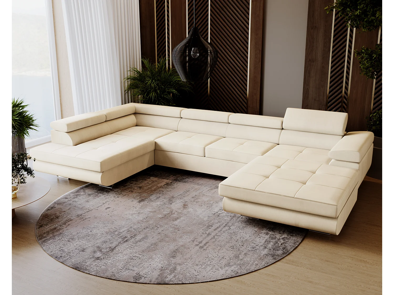 Emporius Sorlo U Links Ecksofa U-Form, Eckcouch mit Schlaffunktion, Bettkasten - Vanille (Amor Velvet 4323)