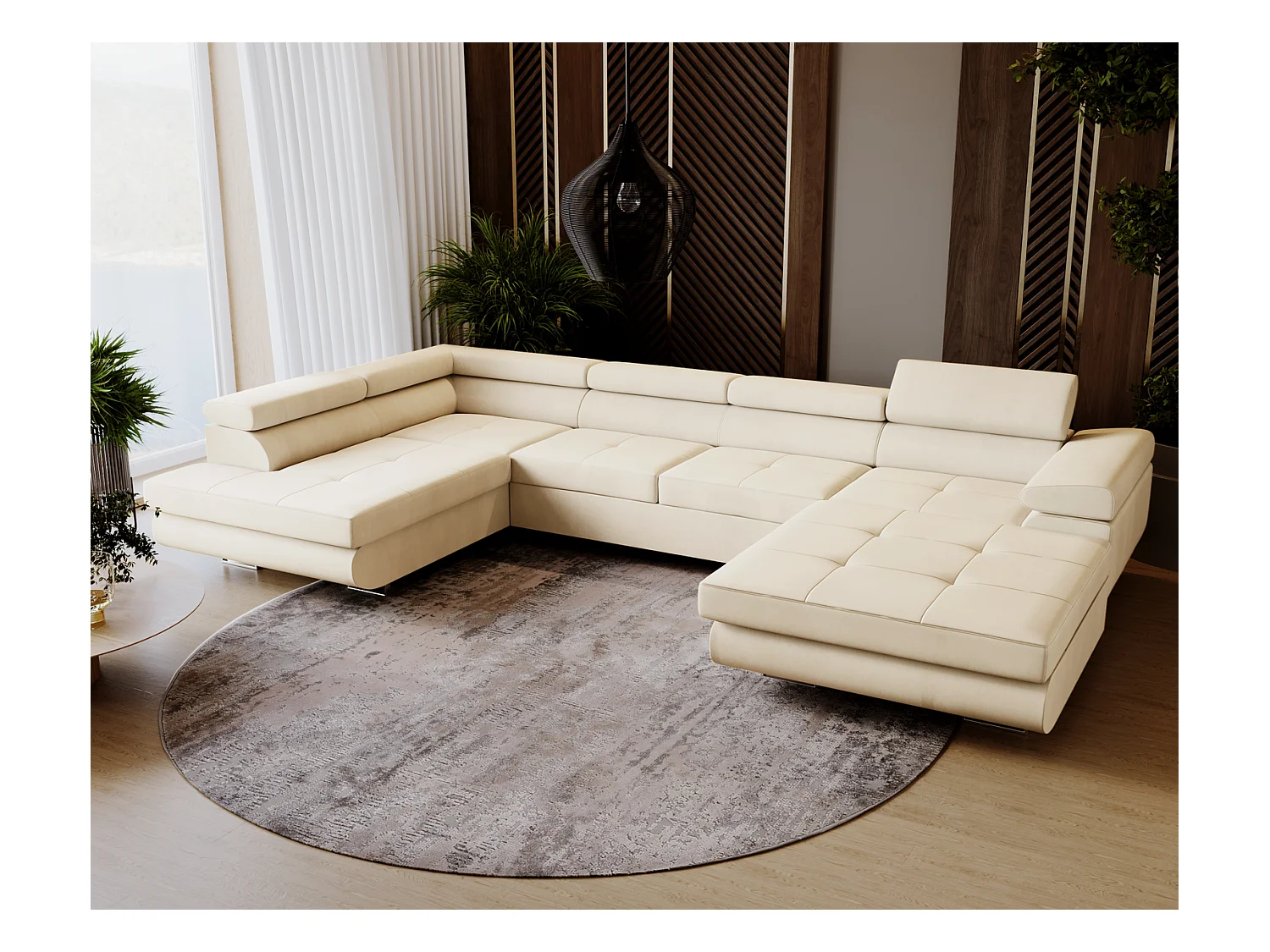 Emporius Sorlo U Gauche Canapé d'angle Convertible, Canapé avec Coffre de Rangement, têtières réglables - Canapé d'angle U Vanille (Amor Velvet 4323)
