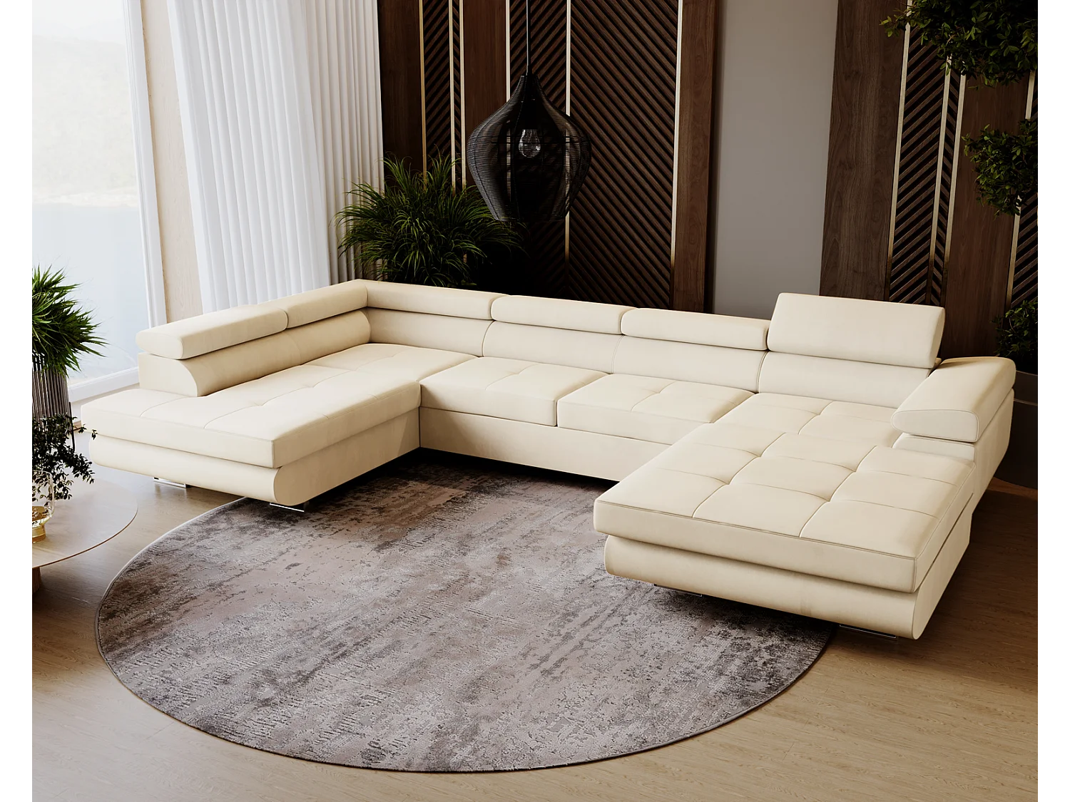 Emporius Sorlo U Links Ecksofa U-Form, Eckcouch mit Schlaffunktion, Bettkasten - Vanille (Amor Velvet 4323)
