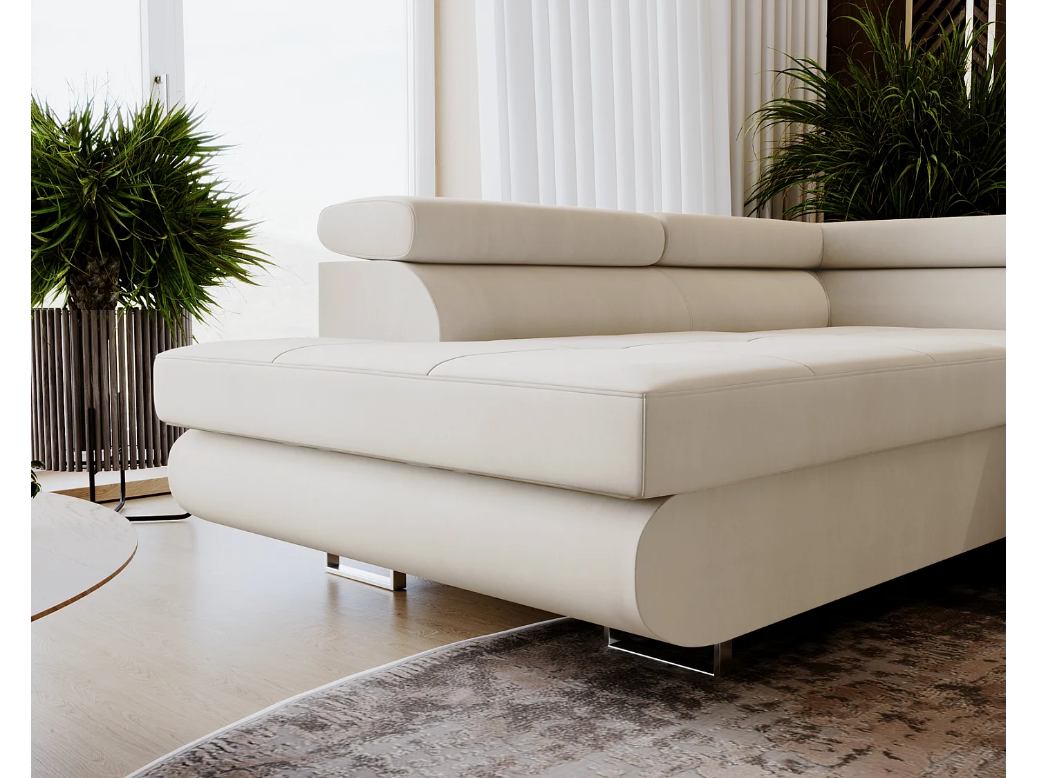 Emporius Sorlo U Links Ecksofa U-Form, Eckcouch mit Schlaffunktion, Bettkasten - Vanille (Amor Velvet 4323)