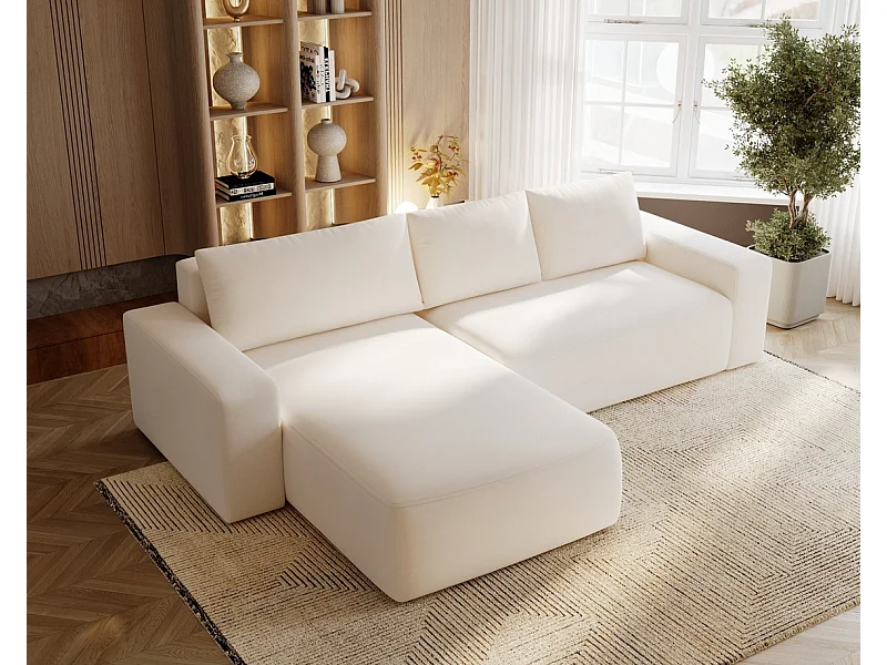 Emporius Aldo L narożnik do salonu - sofa z funkcją spania i pojemnikiem - nowoczesny styl, lewostronny, tkanina aksamitna, kremowy (Komodo 10)