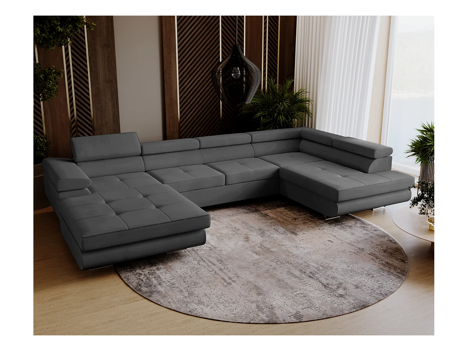Emporius Sorlo U Droit Canapé d'angle Convertible, Canapé avec Coffre de Rangement, têtières réglables - Canapé d'angle U Gris foncé (Amor Velvet 4321)