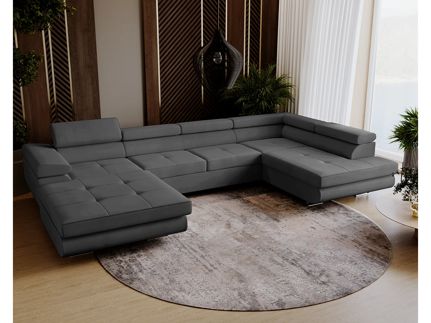 Emporius Sorlo U duży narożnik do salonu - funkcja spania, pojemnik, regulowane zagłówki - prawostronny, tkanina aksamitna, ciemny szary (Amor Velvet 4321)