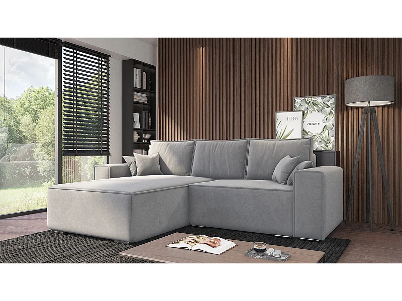 Emporius Lora Links Ecksofa mit Schlaffunktion, Sofa L-Form, Bettkasten, Samtstoff, Ecksofa 250 cm Hellgrau (Amor Velvet 4318)