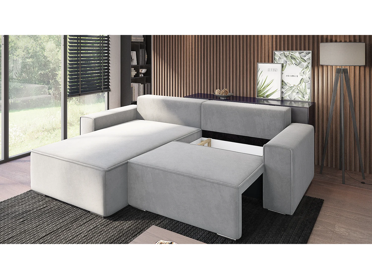 Emporius Lora Gauche Canapé d'angle avec Coffre de Rangement - Canapé d'angle Convertible Gris clair (Amor Velvet 4318)