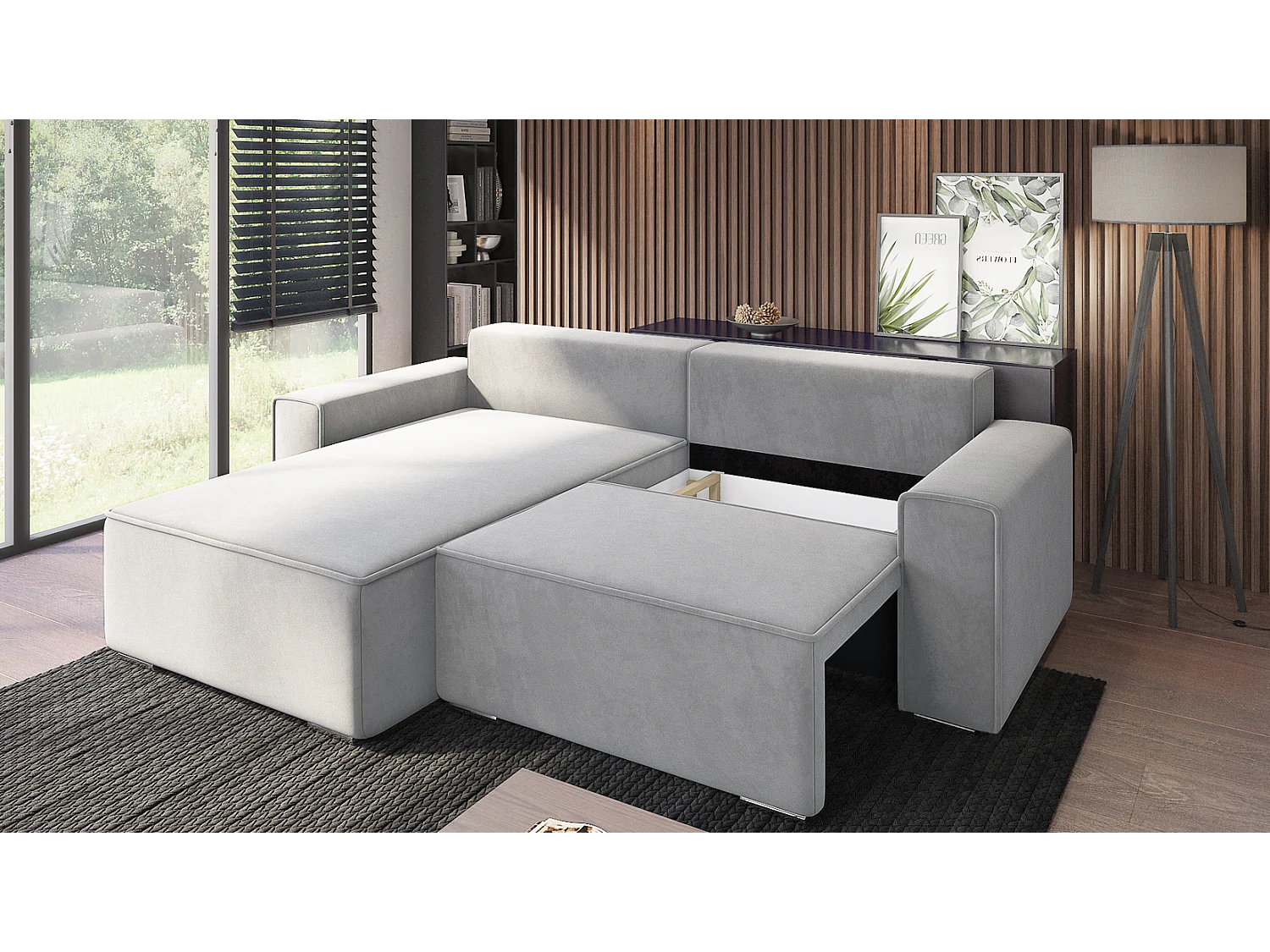 Emporius Lora narożnik rozkładany - narożnik z funkcją spania i pojemnikiem - nowoczesny styl, lewostronny, tkanina aksamitna, jasny szary (Amor Velvet 4318)