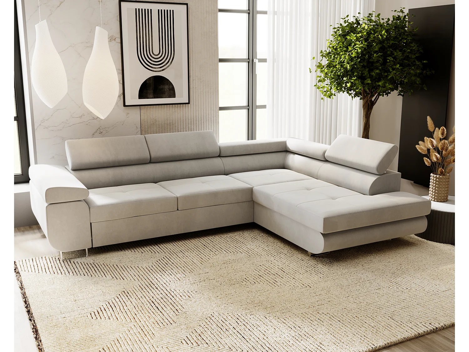 Emporius Sorlo Droit Canapé d'angle avec Coffre de Rangement, têtières réglables - Canapé d'angle Convertible Gris clair (Amor Velvet 4318)