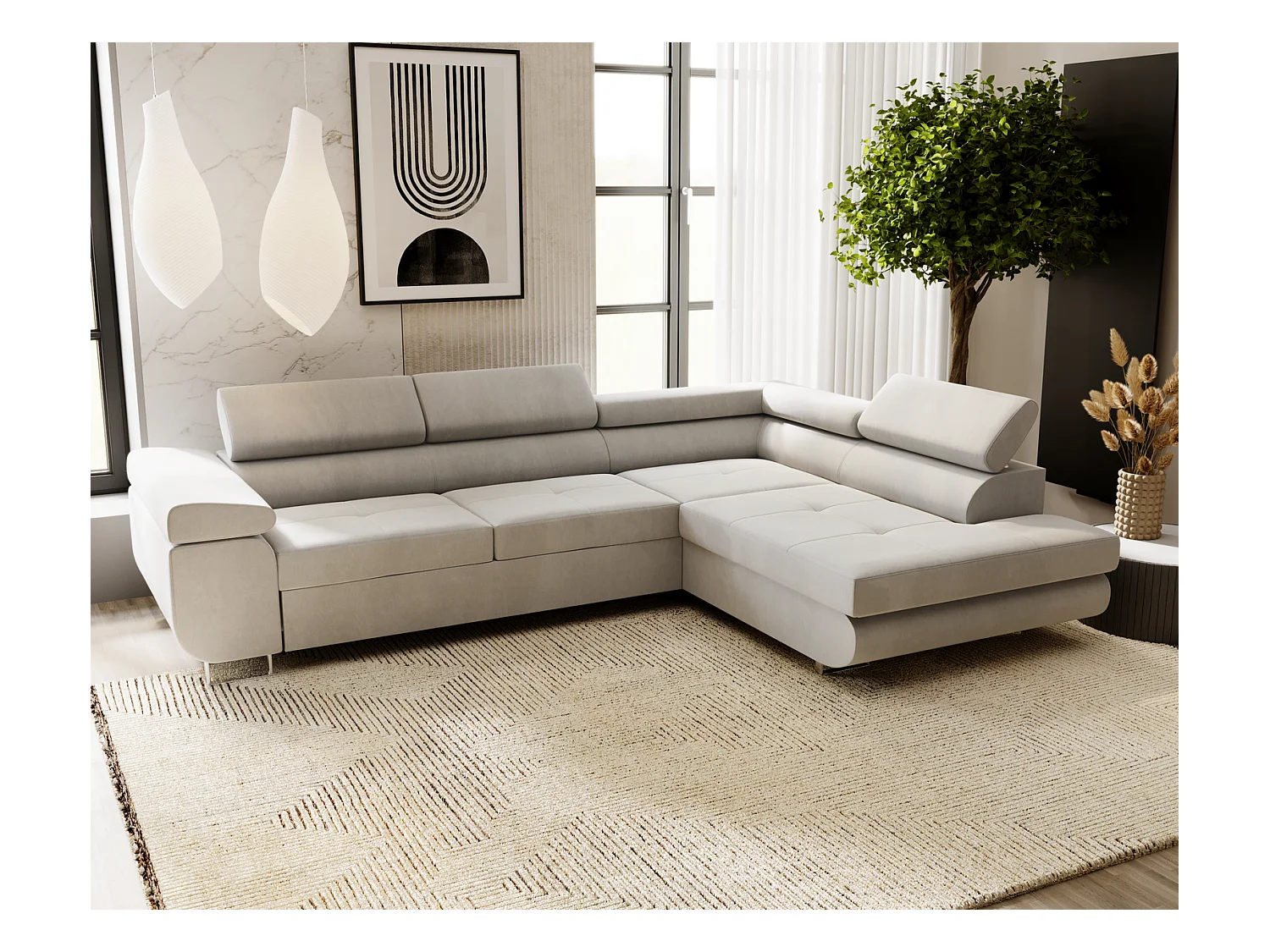Emporius Sorlo Droit Canapé d'angle avec Coffre de Rangement, têtières réglables - Canapé d'angle Convertible Gris clair (Amor Velvet 4318)