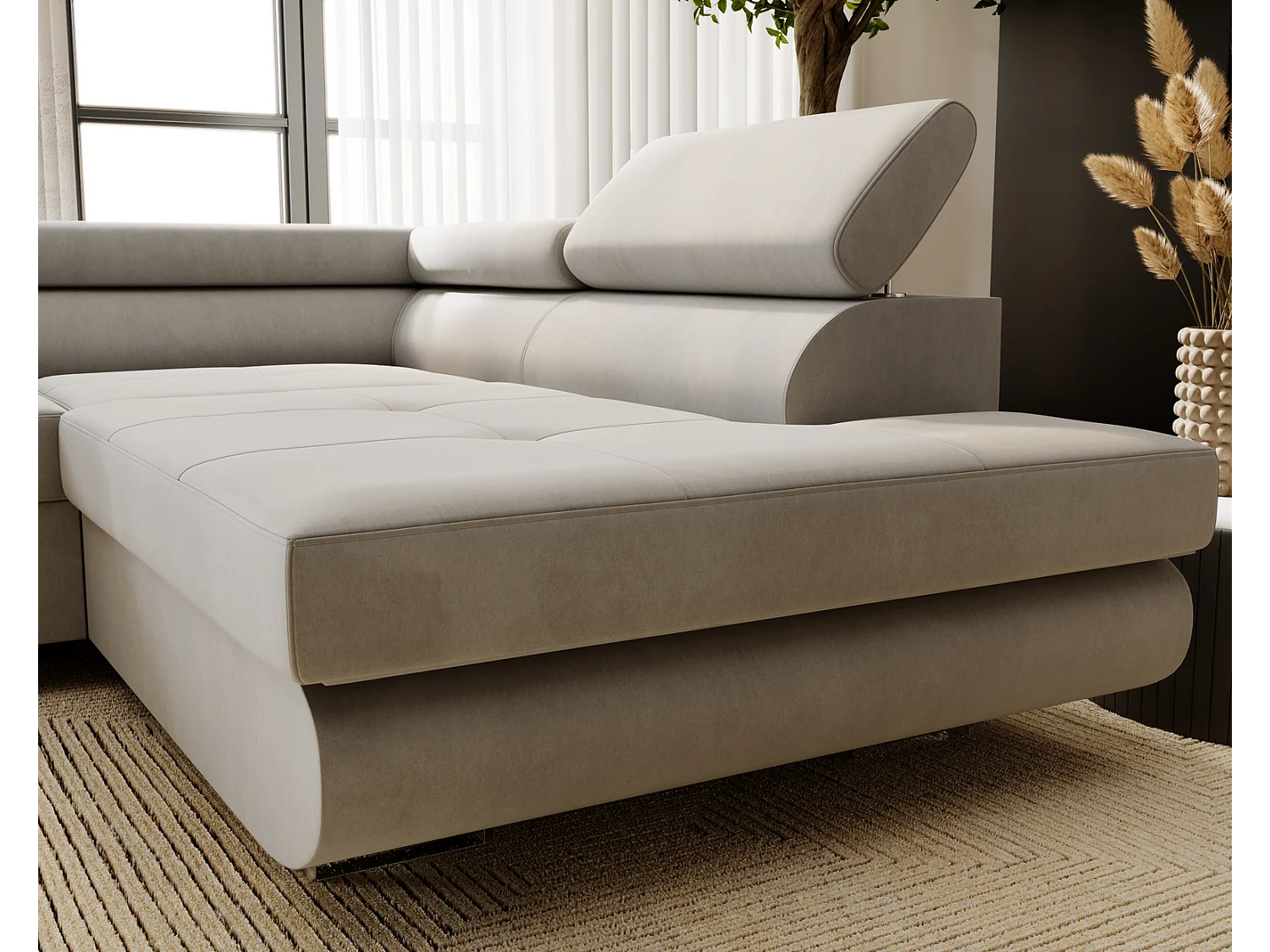 Emporius Sorlo narożnik z funkcją spania i pojemnikiem - regulowane zagłówki, prawostronny, tkanina aksamitna, jasny szary (Amor Velvet 4318)