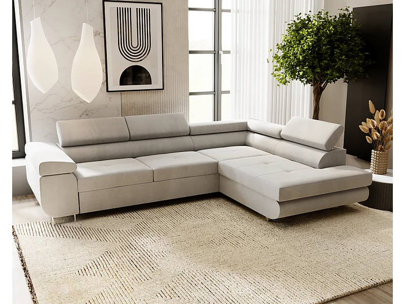 Emporius Sorlo narożnik z funkcją spania i pojemnikiem - regulowane zagłówki, prawostronny, tkanina aksamitna, jasny szary (Amor Velvet 4318)