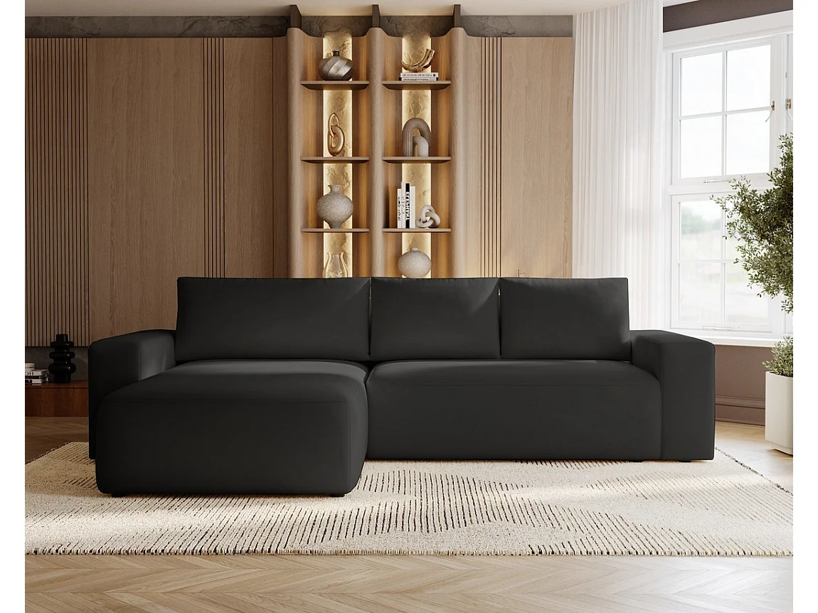 Emporius Aldo L links Hoekbank met slaapfunctie en bedlade, Sofa 250x165 cm - woonkamerbank zwart (Komodo 23)