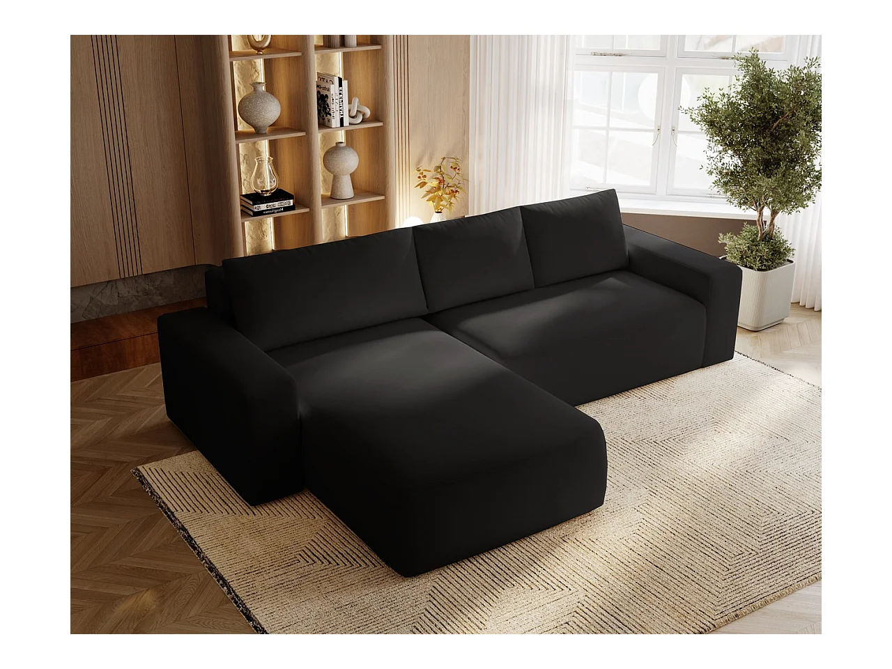 Emporius Aldo L Gauche Canapé d'angle Convertible avec Coffre de Rangement - Canapé 3 Places 250x165 cm, Canapé Lit Noir (Komodo 23)
