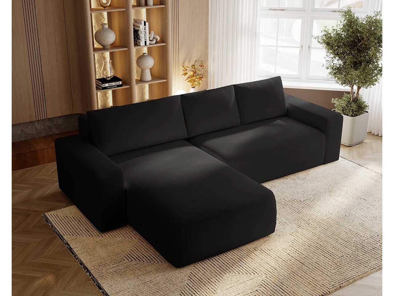 Emporius Aldo L Gauche Canapé d'angle Convertible avec Coffre de Rangement - Canapé 3 Places 250x165 cm, Canapé Lit Noir (Komodo 23)