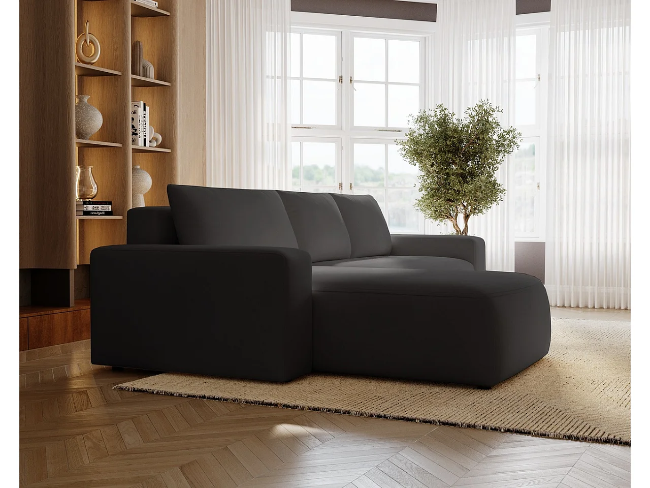 Emporius Aldo L Gauche Canapé d'angle Convertible avec Coffre de Rangement - Canapé 3 Places 250x165 cm, Canapé Lit Noir (Komodo 23)