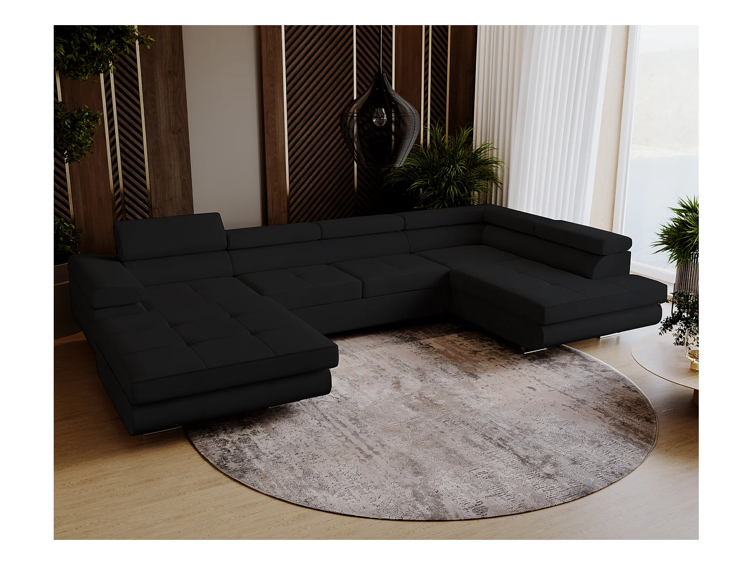 Emporius Sorlo U Droit Canapé d'angle Convertible, Canapé avec Coffre de Rangement, têtières réglables - Canapé d'angle U Noir (Amor Velvet 4322)