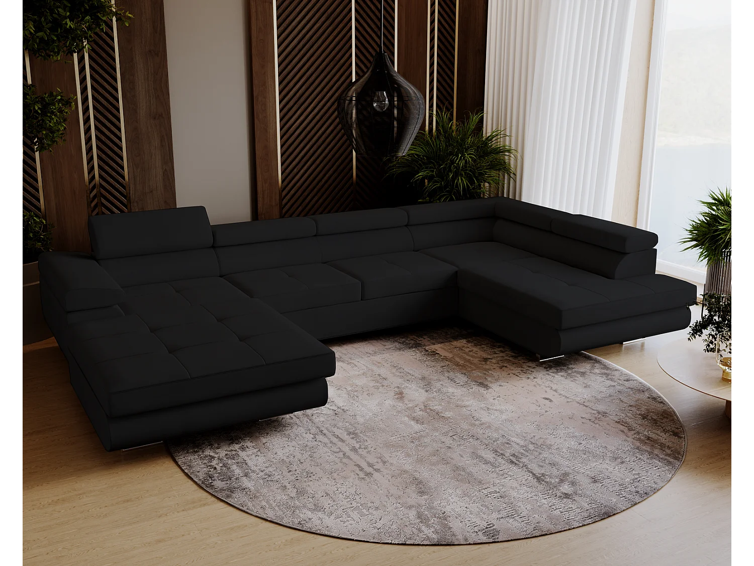 Emporius Sorlo U Rechts Ecksofa U-Form, Eckcouch mit Schlaffunktion, Bettkasten - Schwarz (Amor Velvet 4322)