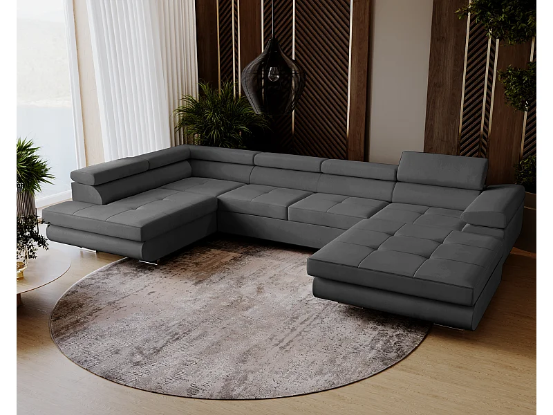 Emporius Sorlo U links Hoekbank met bedlade - sofa met slaapfunctie, gestoffeerde woonkamerbank - donkergrijs (Amor Velvet 4321)