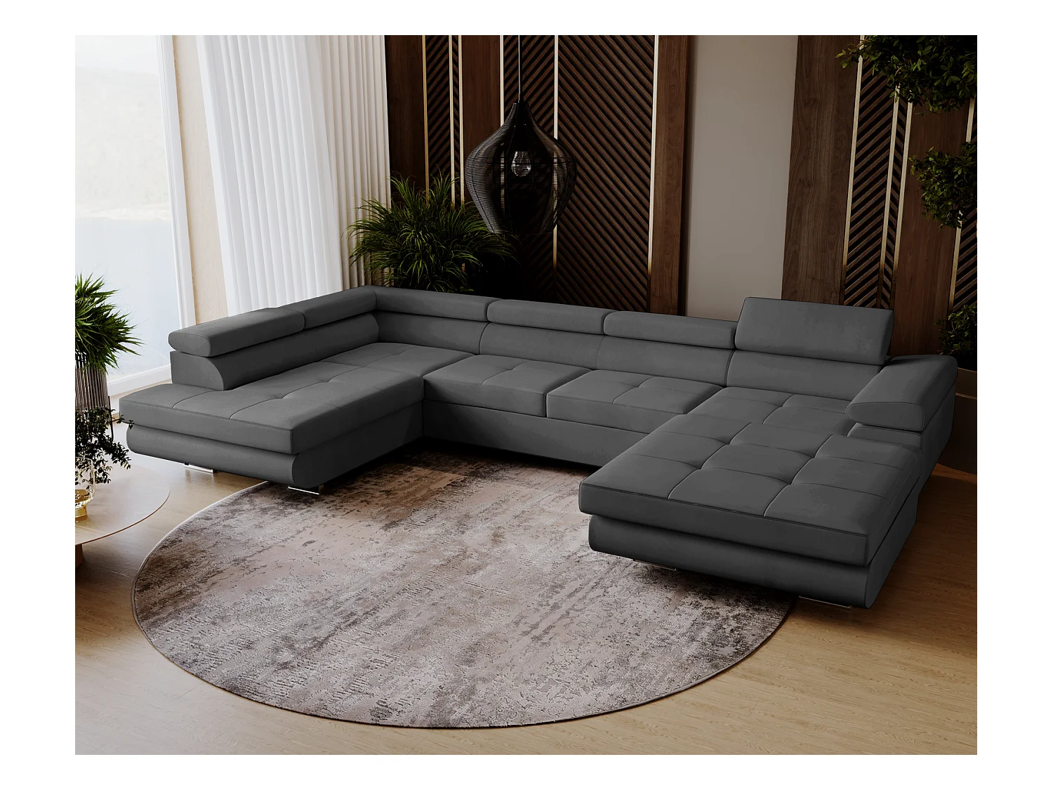 Emporius Sorlo U Gauche Canapé d'angle Convertible, Canapé avec Coffre de Rangement, têtières réglables - Canapé d'angle U Gris foncé (Amor Velvet 4321)