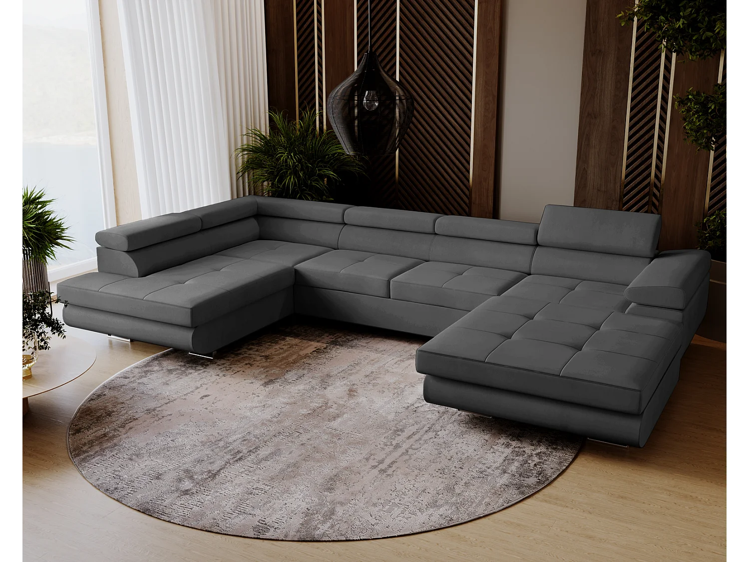 Emporius Sorlo U duży narożnik do salonu - funkcja spania, pojemnik, regulowane zagłówki - lewostronny, tkanina aksamitna, ciemny szary (Amor Velvet 4321)