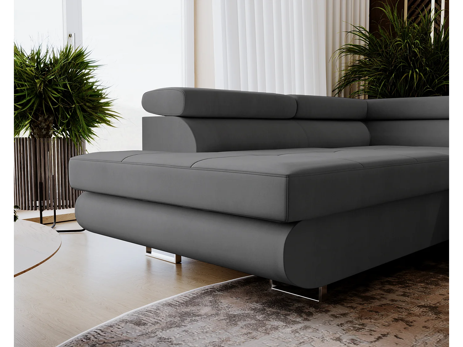 Emporius Sorlo U duży narożnik do salonu - funkcja spania, pojemnik, regulowane zagłówki - lewostronny, tkanina aksamitna, ciemny szary (Amor Velvet 4321)