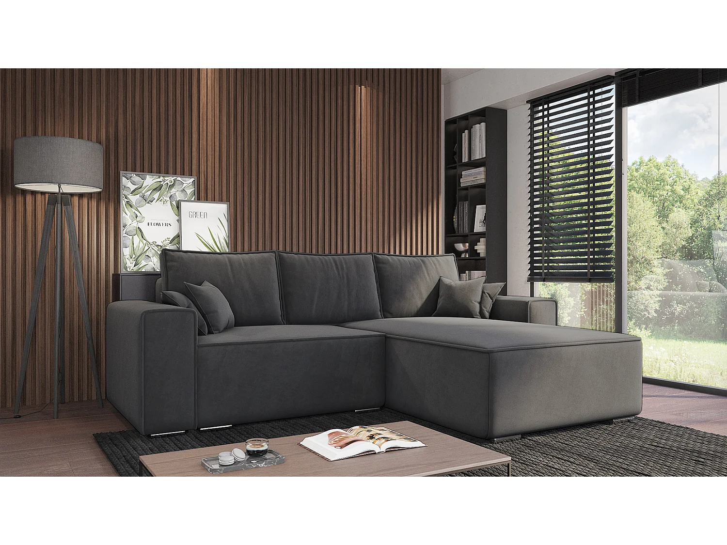 Emporius Lora rechts Hoekbank 250 cm, sofa met slaapfunctie en bedlade, woonkamerbank, 3-zitsbank donkergrijs (Amor Velvet 4321)